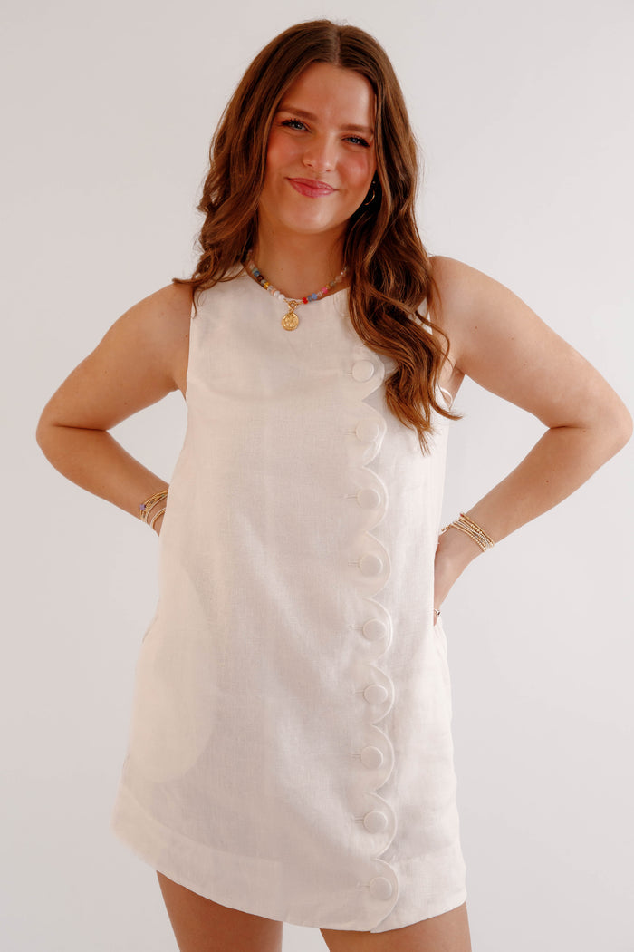 White Scalloped Button Mini Dress – Elegant Sleeveless Summer Shift Dress for Women- Mable White Linen Scalloped Dress