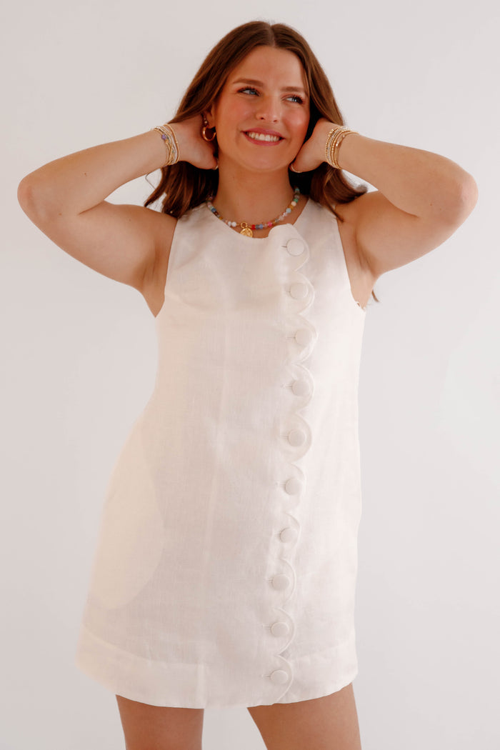 White Scalloped Button Mini Dress – Elegant Sleeveless Summer Shift Dress for Women- Mable White Linen Scalloped Dress