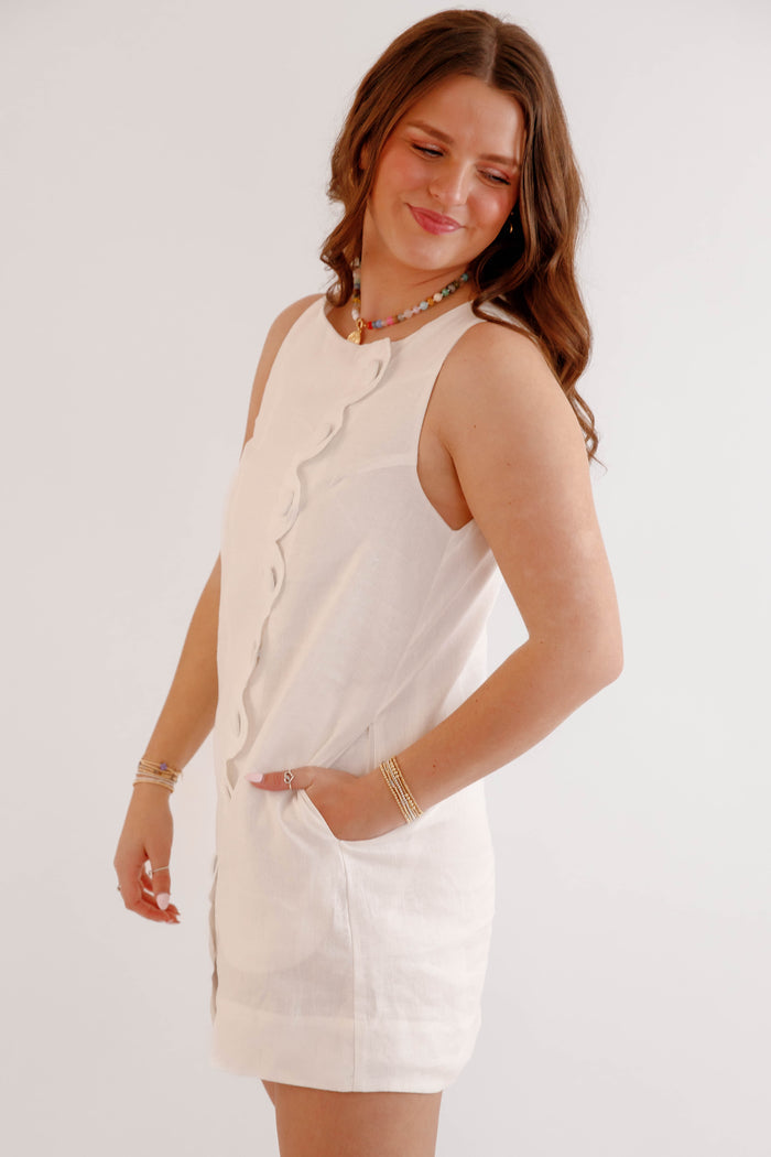 White Scalloped Button Mini Dress – Elegant Sleeveless Summer Shift Dress for Women- Mable White Linen Scalloped Dress