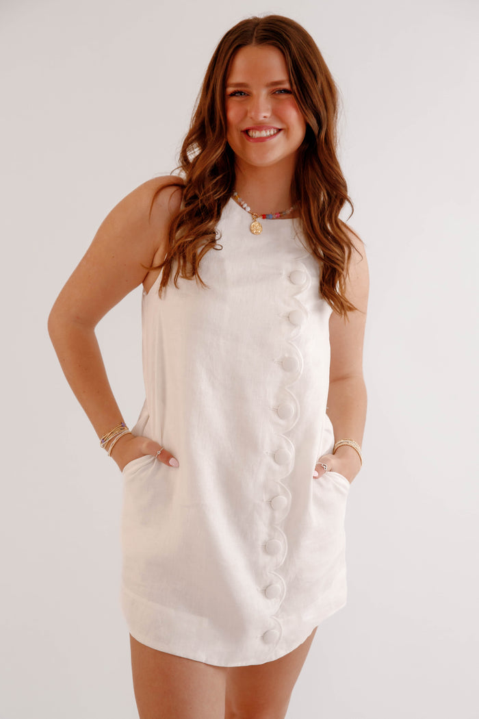 White Scalloped Button Mini Dress – Elegant Sleeveless Summer Shift Dress for Women- Mable White Linen Scalloped Dress
