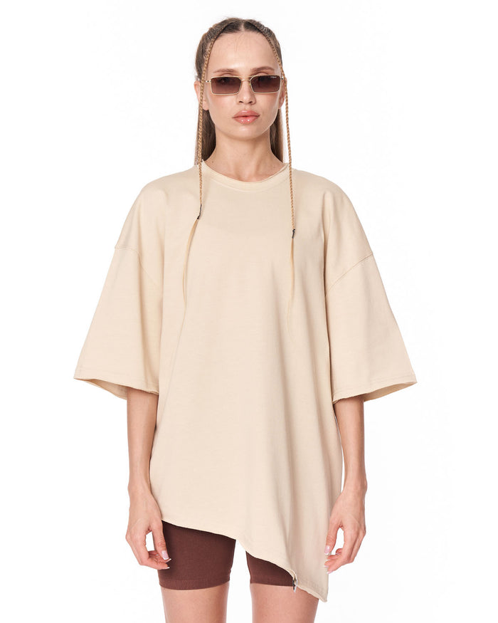 Women's Oversized Asymmetrical Beige T-Shirt full front view