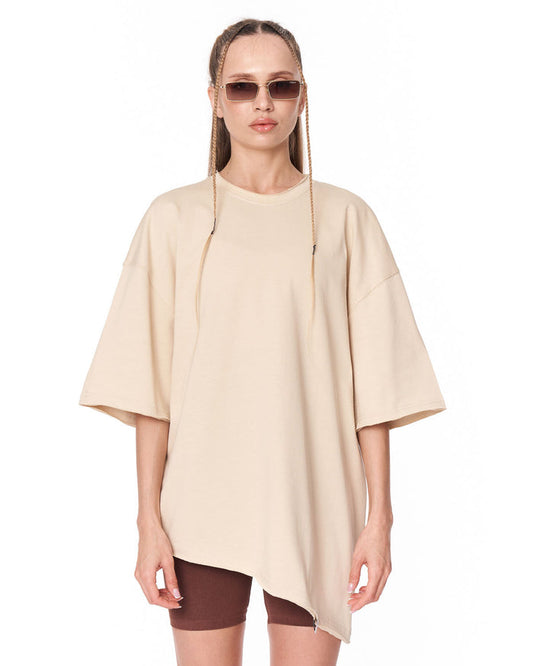 Women's Oversized Asymmetrical Beige T-Shirt full front view