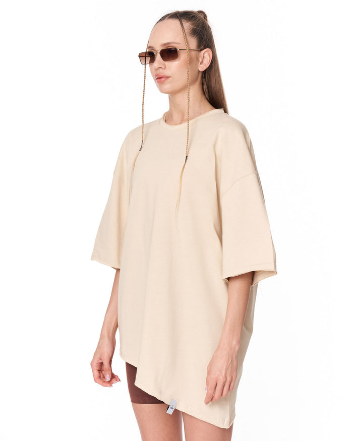 Women's Oversized Asymmetrical Beige T-Shirt with asymmetrical hem