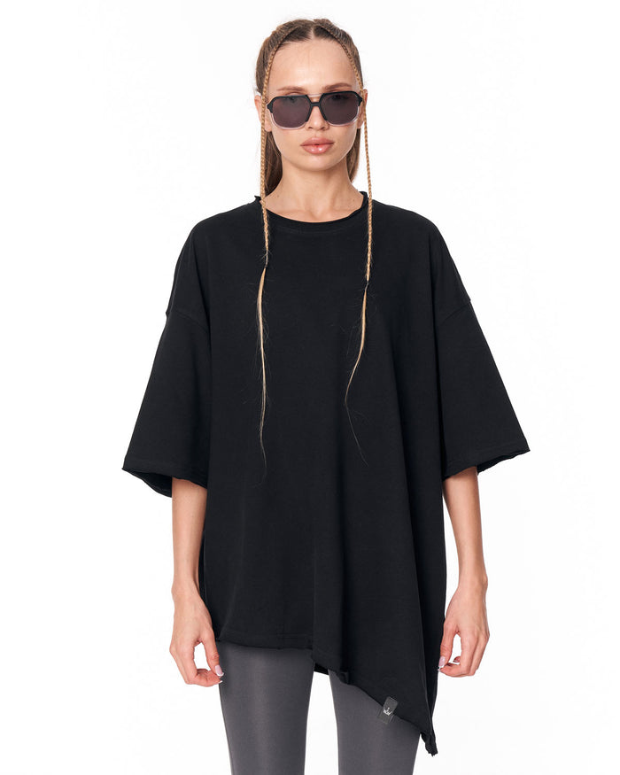 Women's Oversized Asymmetrical Black T-Shirt full front view