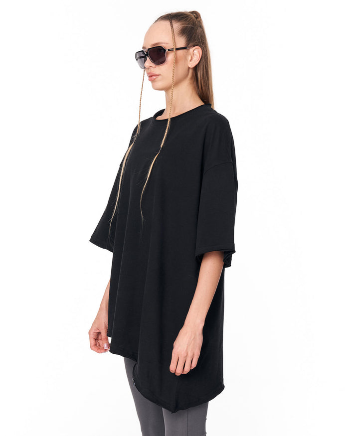 Women's Oversized Asymmetrical Black T-Shirt full front view