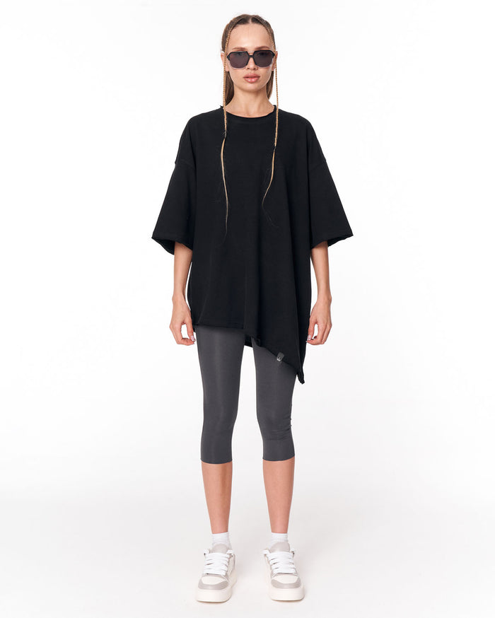 Women's Oversized Asymmetrical Black T-Shirt front close view