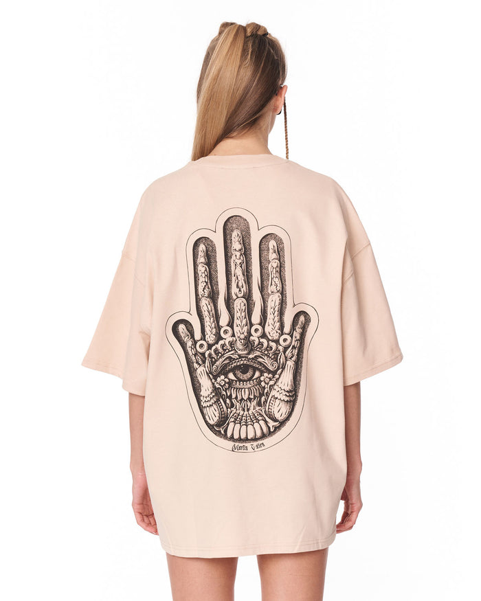Oversized Chest 3D Printed Back Transfer Printed Beige T-shirt with hand graphic artwork