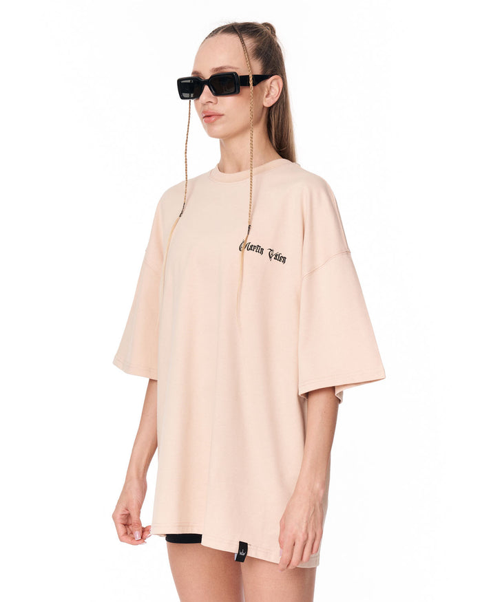 Oversized Chest 3D Printed Back Transfer Printed Beige T-shirt with bold back hand print