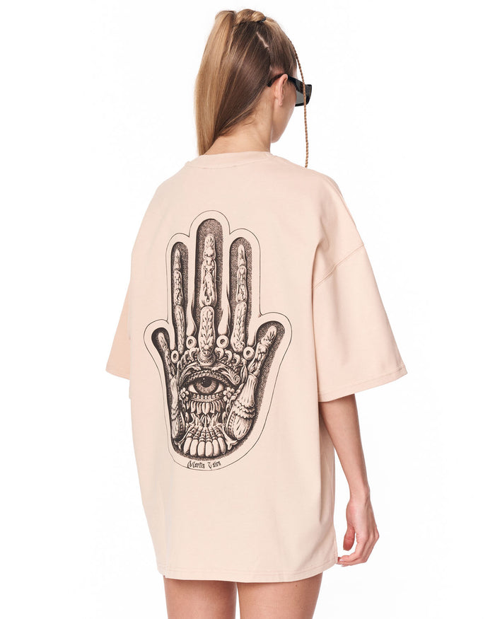 Oversized Chest 3D Printed Back Transfer Printed Beige T-shirt with relaxed oversized fit