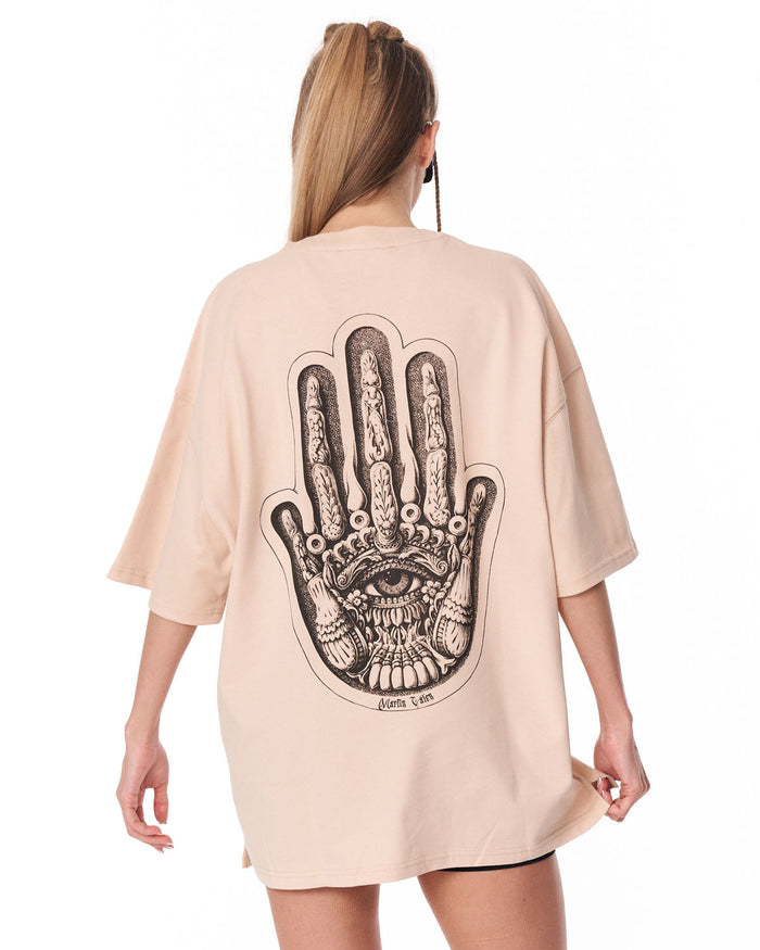Oversized Chest 3D Printed Back Transfer Printed Beige T-shirt with chest logo detail