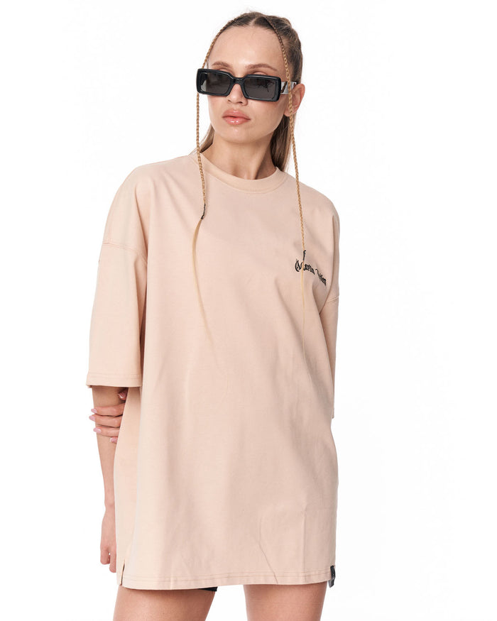 Oversized Chest 3D Printed Back Transfer Printed Beige T-shirt in soft beige streetwear style