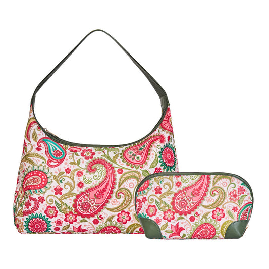 Women's White & Pink Shoulder Hobo Bag with Cosmetic Pouch for Travel & Gifting
