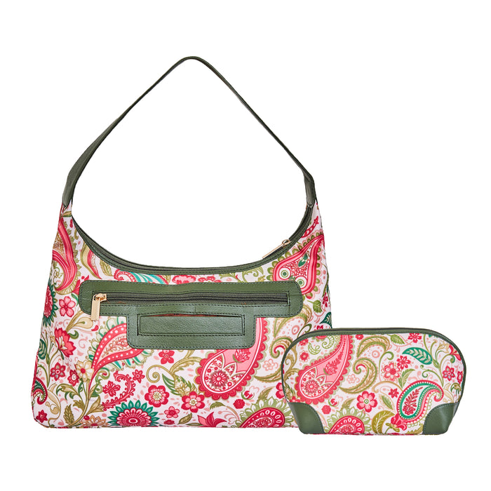 Women's White & Pink Shoulder Hobo Bag with Cosmetic Pouch for Travel & Gifting