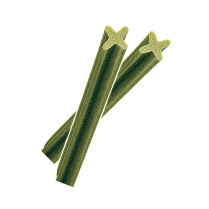 White background with two green Pedigree Dentastix Fresh Daily dog dental chews.