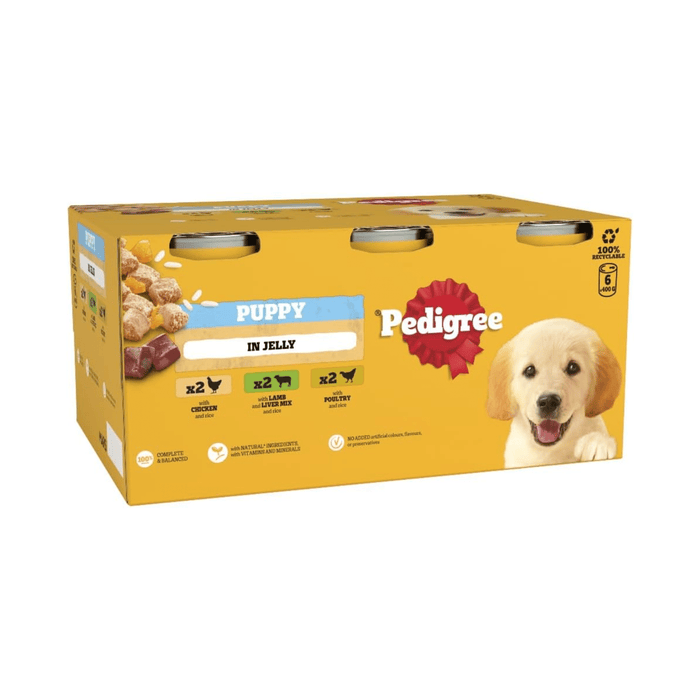 White background with a yellow box of Pedigree wet tinned puppy food, pictured on the front is a yellow Labrador puppy.