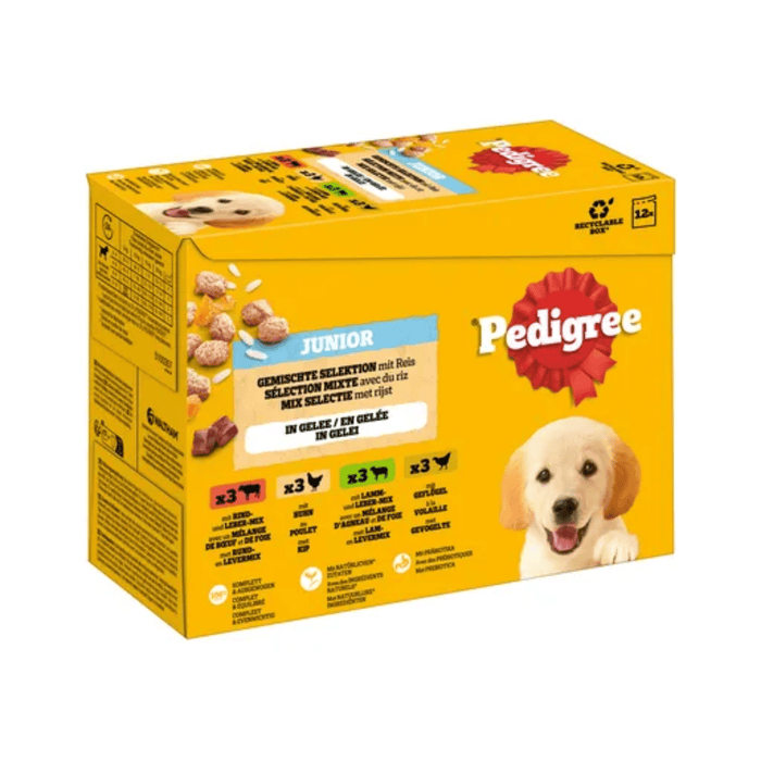 White background with a yellow box of Pedigree wet puppy food pouches, pictured on the front is a yellow Labrador puppy.