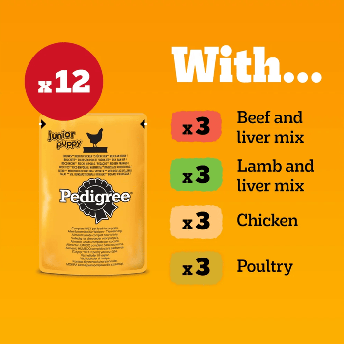 Yellow background with the flavours included in a box of Pedigree Puppy wet food pouches.