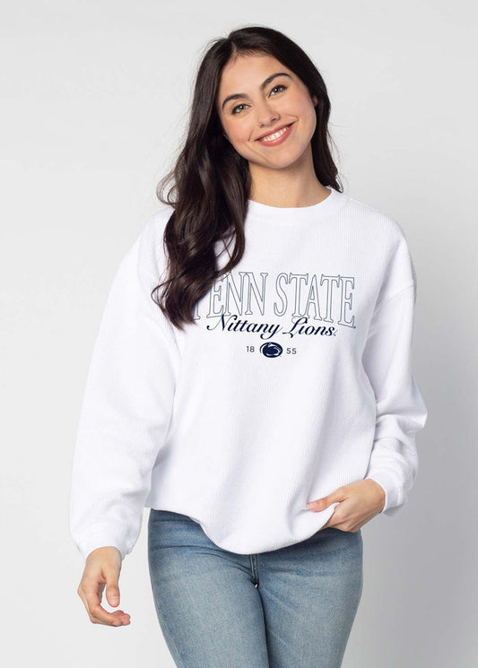 Penn State Nittany Lions Unisex White Oversized Premium cotton corded fleece Sweatshirt with Super soft hand feel, vintage wash and ribbed crew neckline, cuffs, and hemline