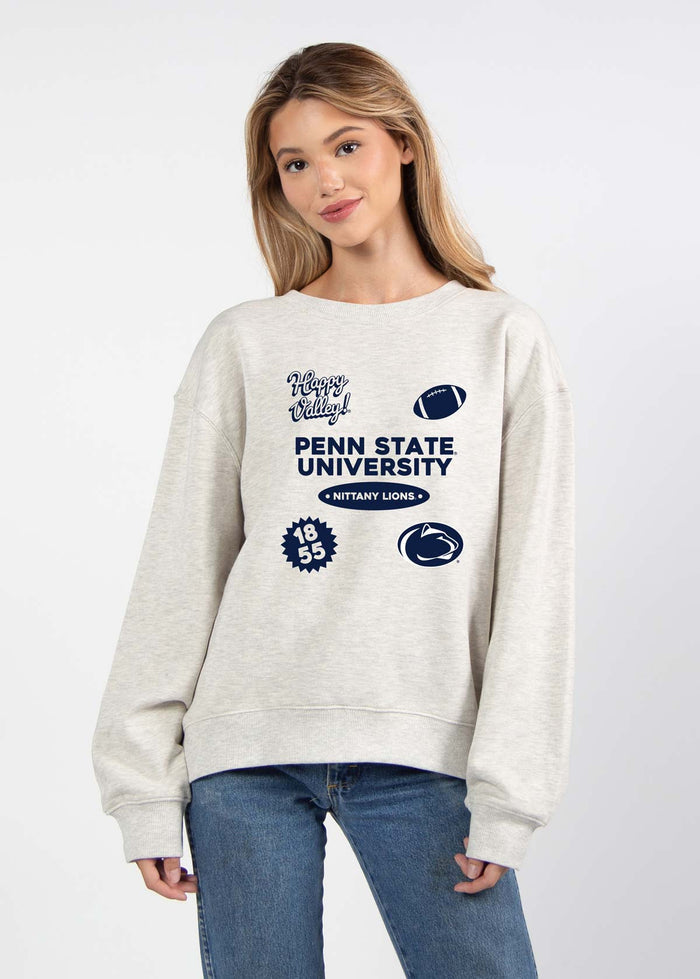Penn State Nittany Lions Women's Ash-Grey Relaxed Heavyweight Fleece Sweatshirt with Dropped shoulders, crew neckline, back center seam and ribbed neckline, cuffs and hem