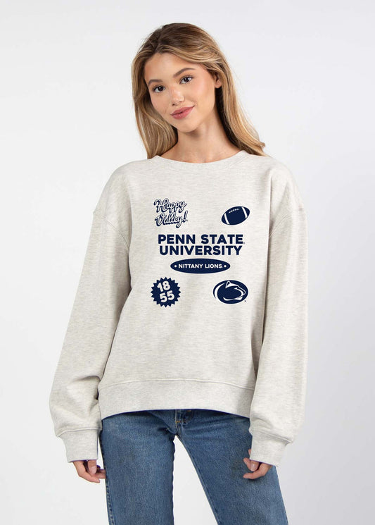 Penn State Nittany Lions Women's Ash-Grey Relaxed Heavyweight Fleece Sweatshirt with Dropped shoulders, crew neckline, back center seam and ribbed neckline, cuffs and hem