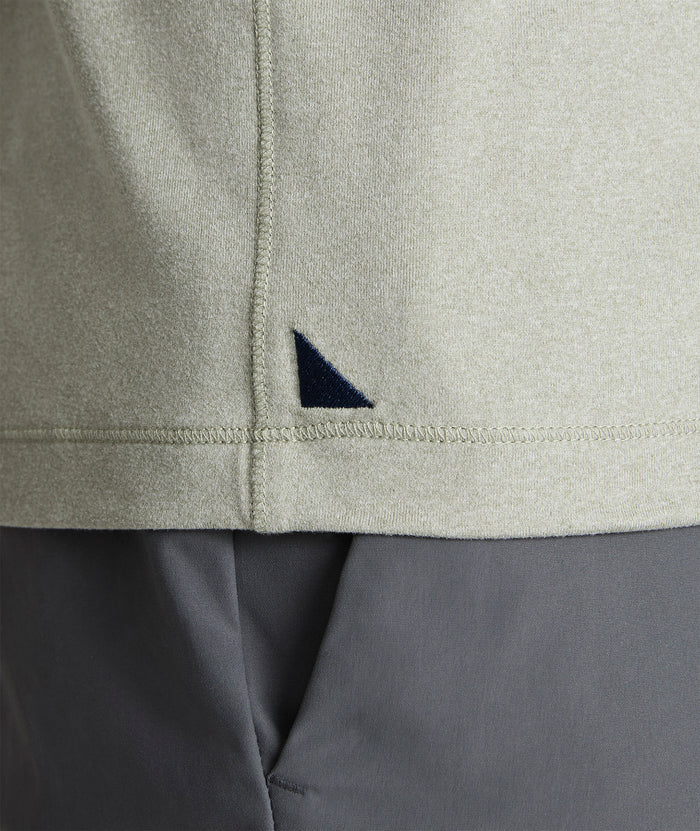 Model is wearing UNTUCKit Clarendon performance tee in shadow.