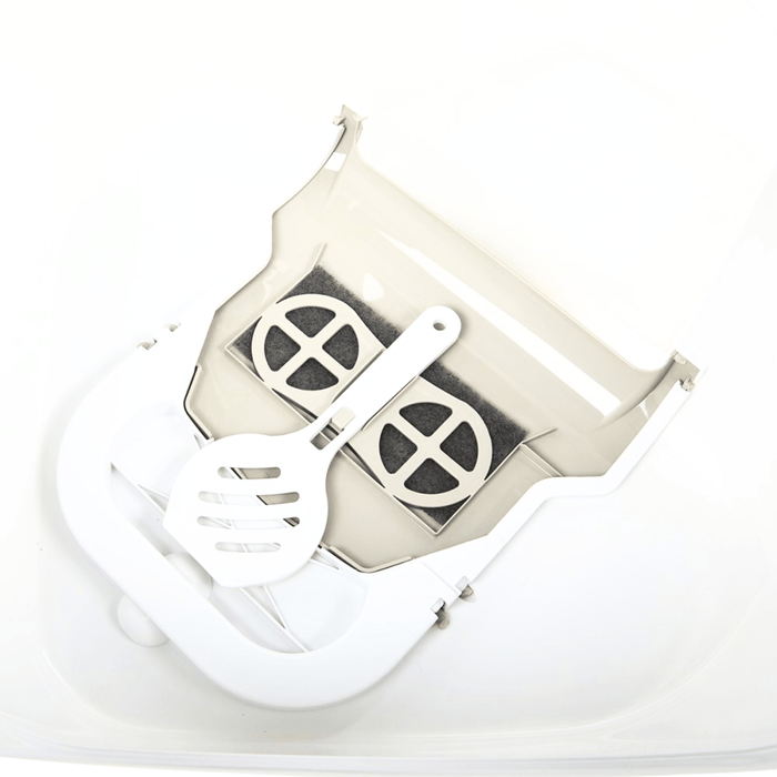 Petface Hooded Corner Cat Litter Tray scoop and filter on white background