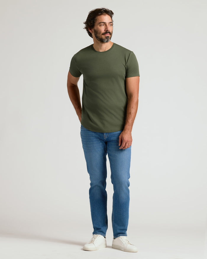 Man wearing All Grove Pima Cotton Blend Curved Hem Crew 2-Pack.