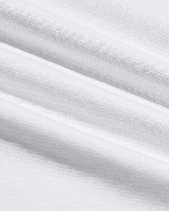 Close-up view of soft white fabric texture highlighting the smooth weave and quality craftsmanship of the Pima Cotton Blend Curved Hem Crew 4-Pack, a men's basics essential.