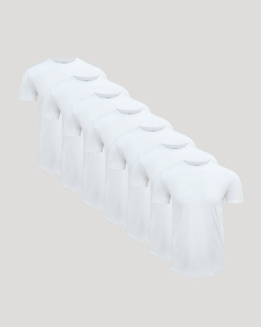 True Classic Men’s Pima Cotton Blend Curved Hem Crew T-shirts arranged stylishly.