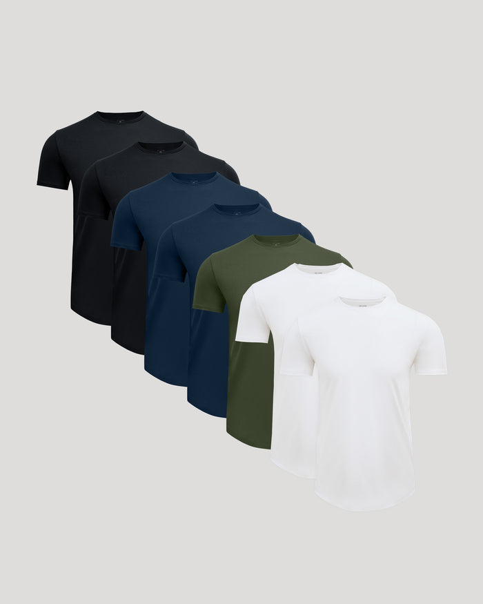 Set of six men's basic crew neck t-shirts in black, navy, olive, and white, featuring a curved hem design from the Pima Cotton Blend Curved Hem Crew 7-Pack.