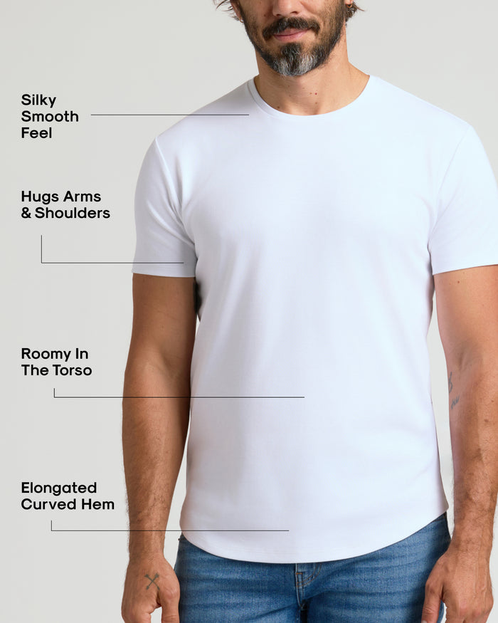 Man wearing Pima Cotton Blend Curved Hem Crew, highlighting fit and construction.