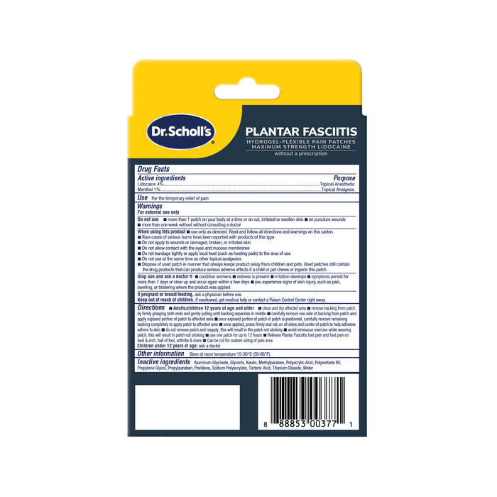 Dr. Scholl's plantar fasciitis hydrogel-flexible pain patches package back