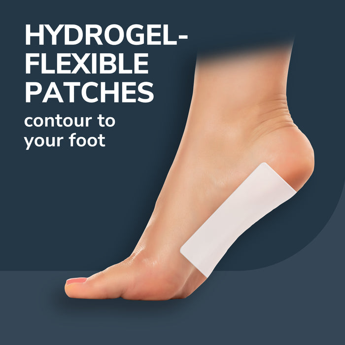 Hydrogel-flexible plantar fasciitis pain patch applied to a foot
