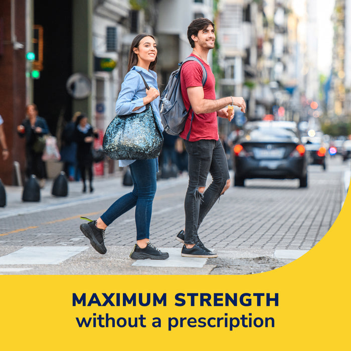 Plantar fasciitis pain patches shown on walking people in a city street scene