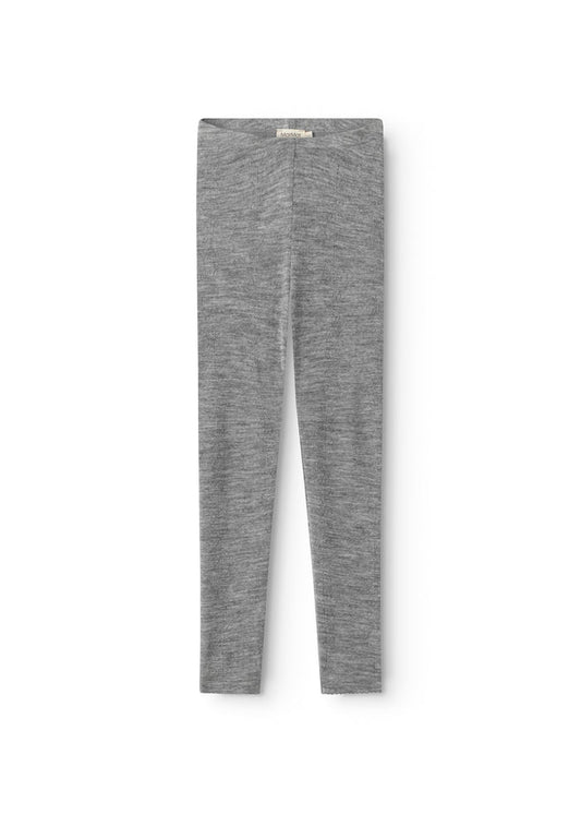 Gråmelerede uld leggings fladt udlagt, tætsiddende ben og elastisk linning.