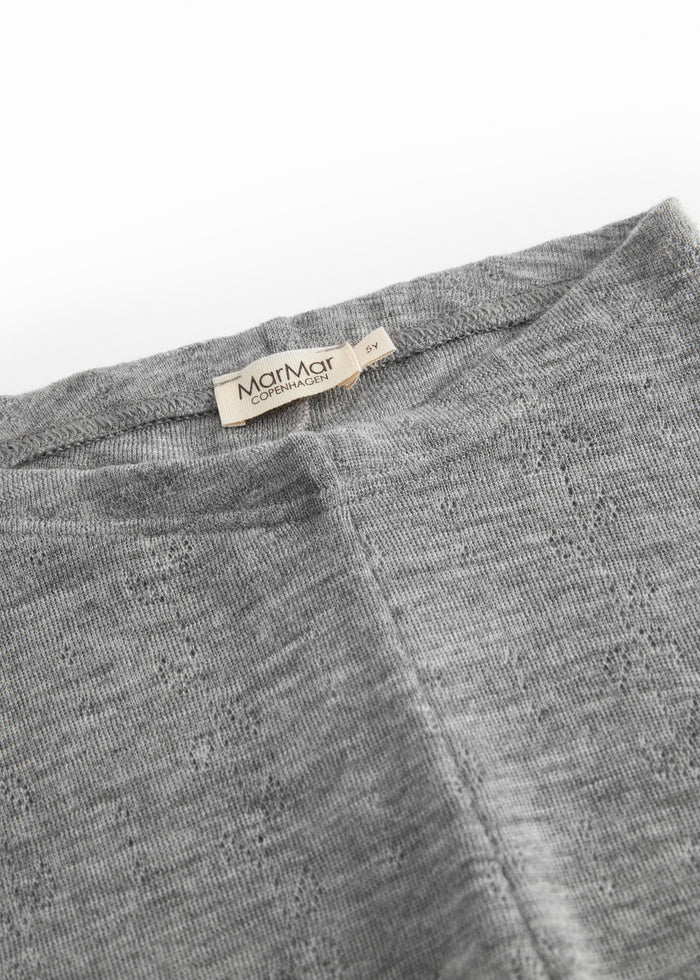 Gråmelerede uld leggings med pointelle-strik og elastisk linning, synlig mærkeetiket.