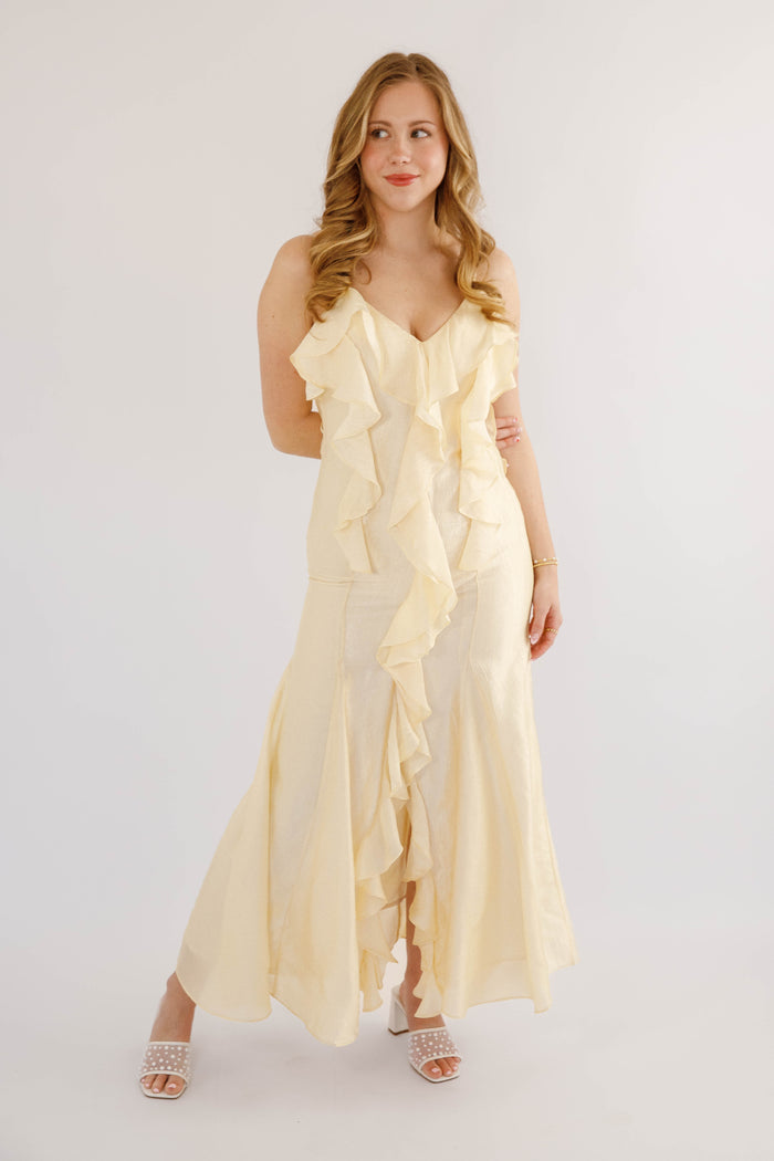 Butter Yellow Ruffle Maxi Dress- Women's Pale Yellow Cocktail Dress- Wedding Guest Dresses