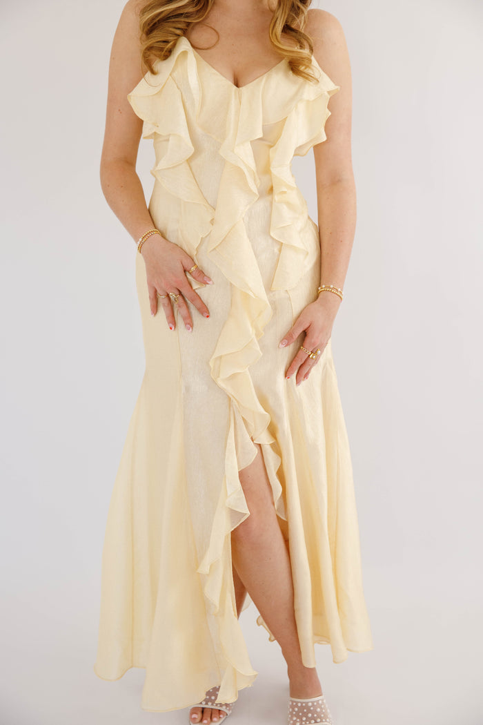 Butter Yellow Ruffle Maxi Dress- Women's Pale Yellow Cocktail Dress- Wedding Guest Dresses