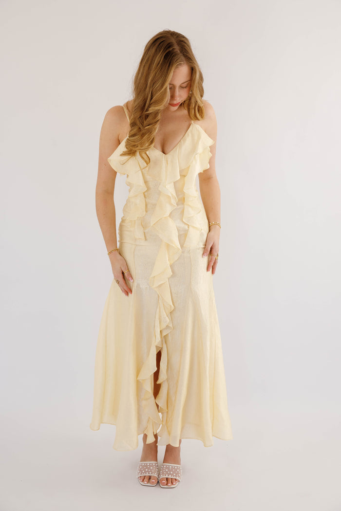 Butter Yellow Ruffle Maxi Dress- Women's Pale Yellow Cocktail Dress- Wedding Guest Dresses