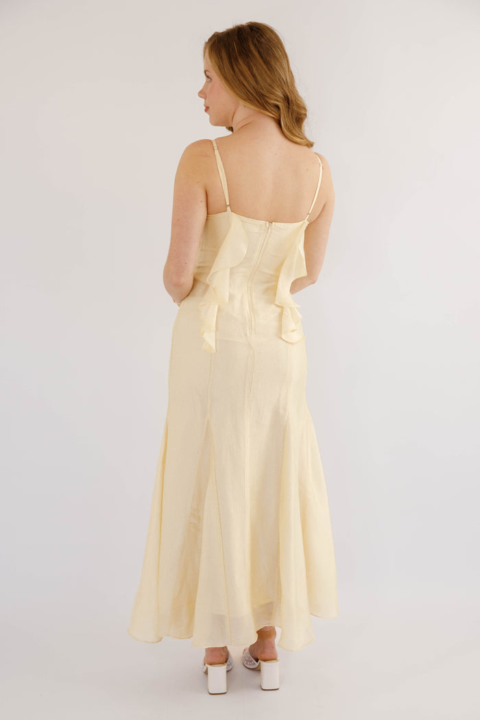 Butter Yellow Ruffle Maxi Dress- Women's Pale Yellow Cocktail Dress- Wedding Guest Dresses