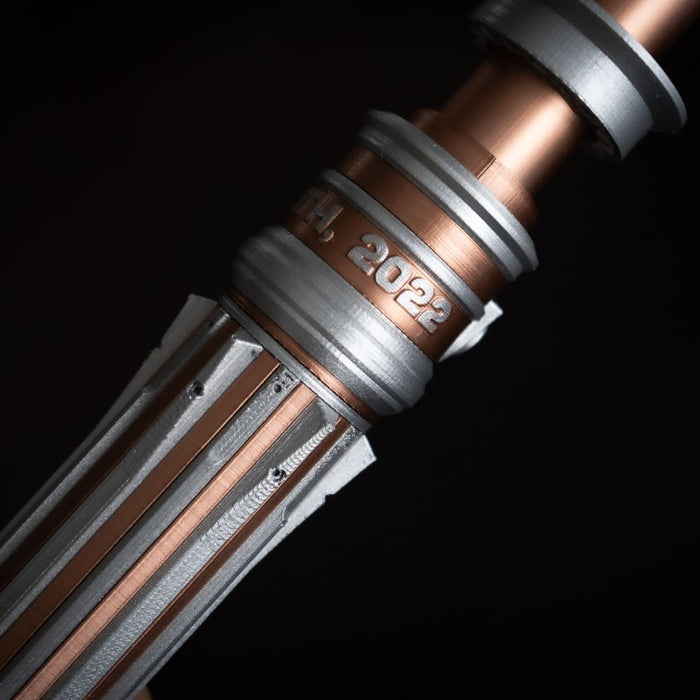 Custom engraved lightsaber bouquet handle with wedding initials and date