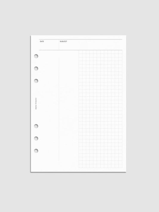 A5 Process Notes Planner Insert with date and subject headers in a refined grid layout.