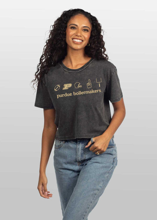 Purdue Boilermakers Women's Graphite Relaxed, boxy Mineral wash T-Shirt with Crew neck and short sleeves