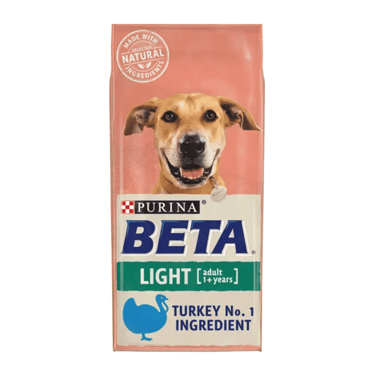White background with a pink bag of Purina Beta Light Adult Dog Food. Pictured on the bag is a Vizsla dog, text on the bag reads 'Purina Beta, Light,  Adult (1+ years) Turkey No.1 Ingredient.'