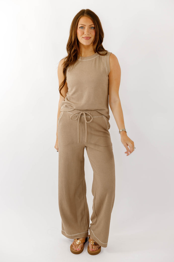 Mocha Ribbed Lounge Pants- Neutral Matching Lounge Set- Women's Ribbed Casual Set