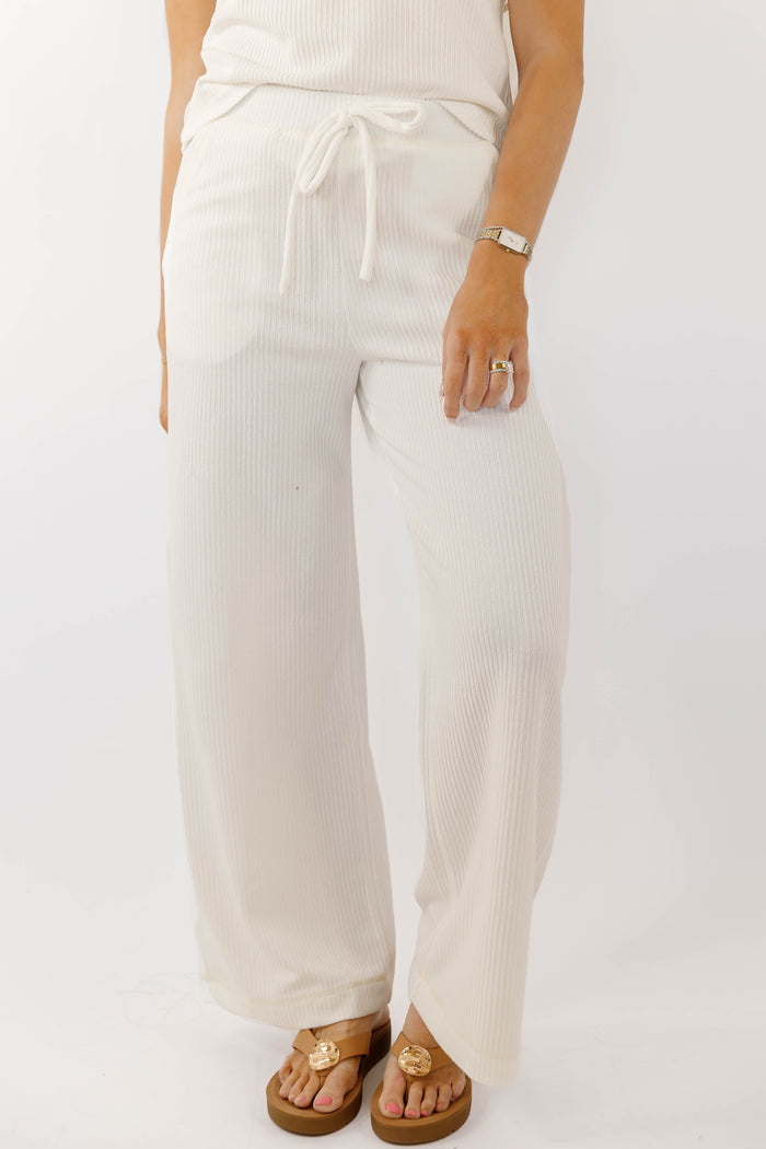 White Ribbed Lounge Pants- Neutral Matching Lounge Set- Women's Ribbed Casual Set