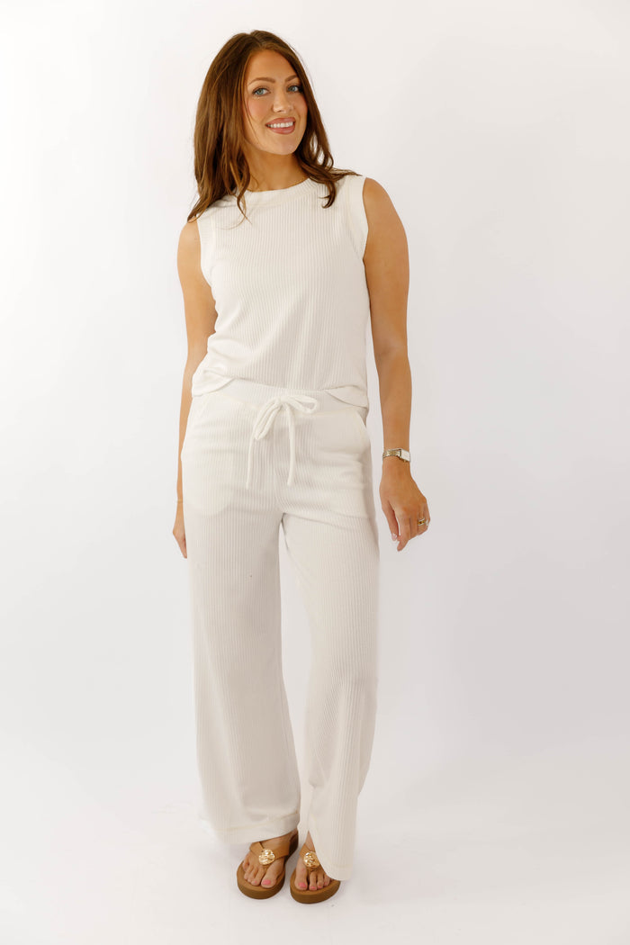 White Ribbed Lounge Pants- Neutral Matching Lounge Set- Women's Ribbed Casual Set