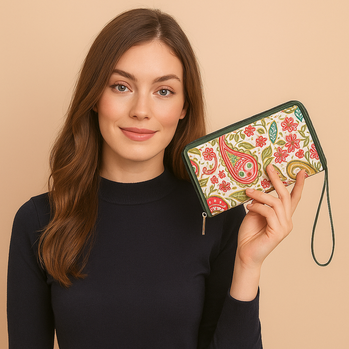 Women's paisley wristlet wallet for travel and daily use-model image