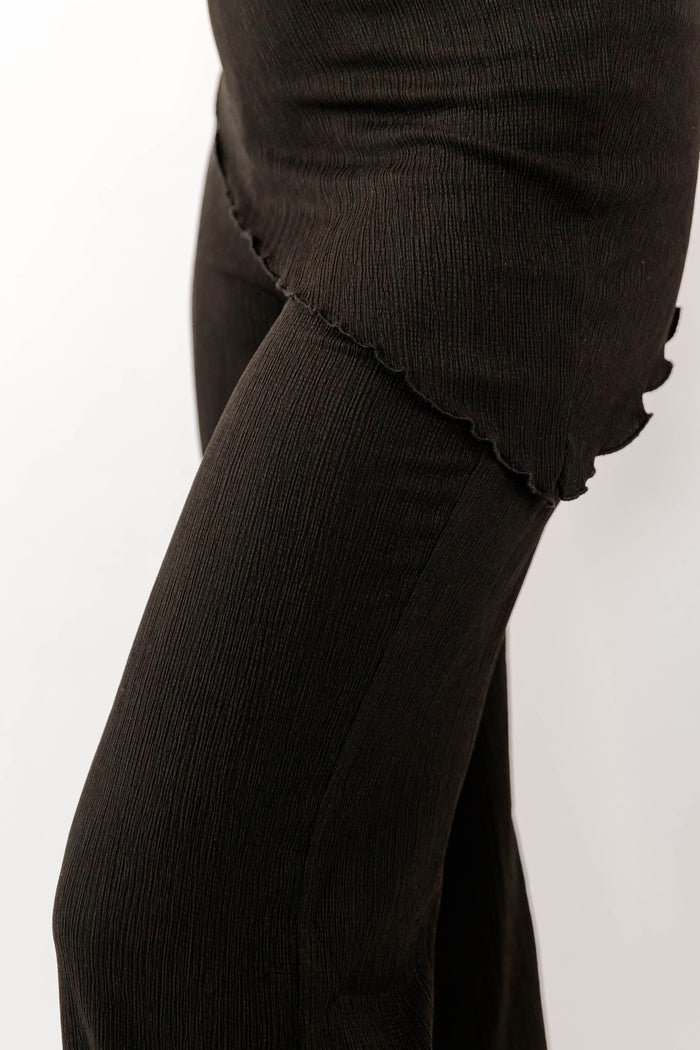 Black Ribbed Asymmetrical Hem Pants- Women's Chic Matching Two Piece Ribbed Set