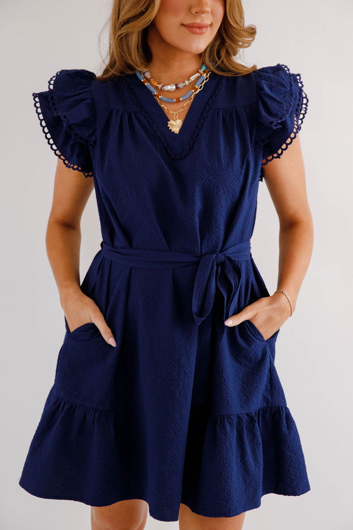 Navy Seersucker Dress- Short Solid Navy Dress- Umgee Navy Dress